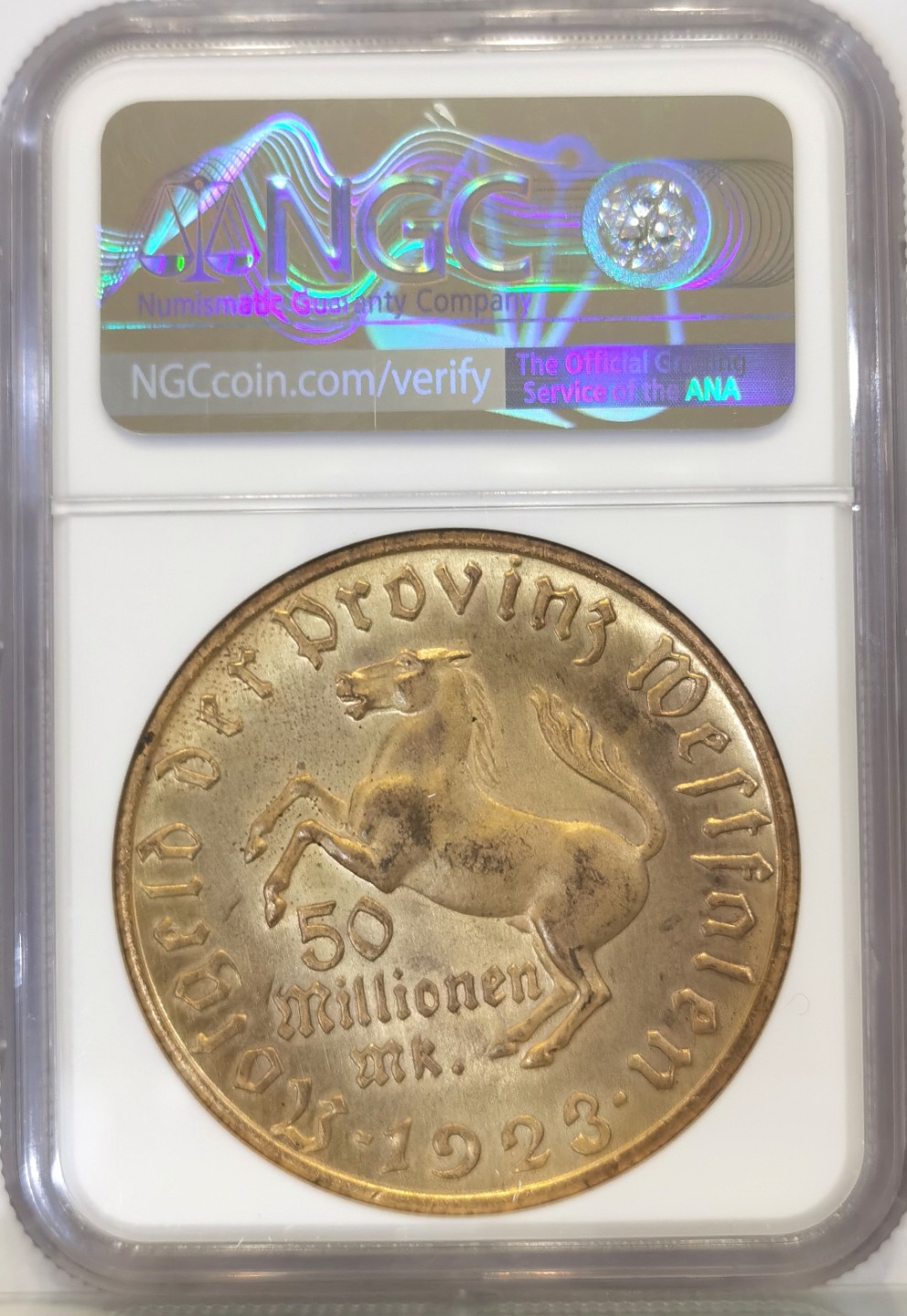 博洋堂世界钱币拍卖第024期（全场包邮） NGC MS63 1923年德国德紧威斯特法伦5000万马克大马币