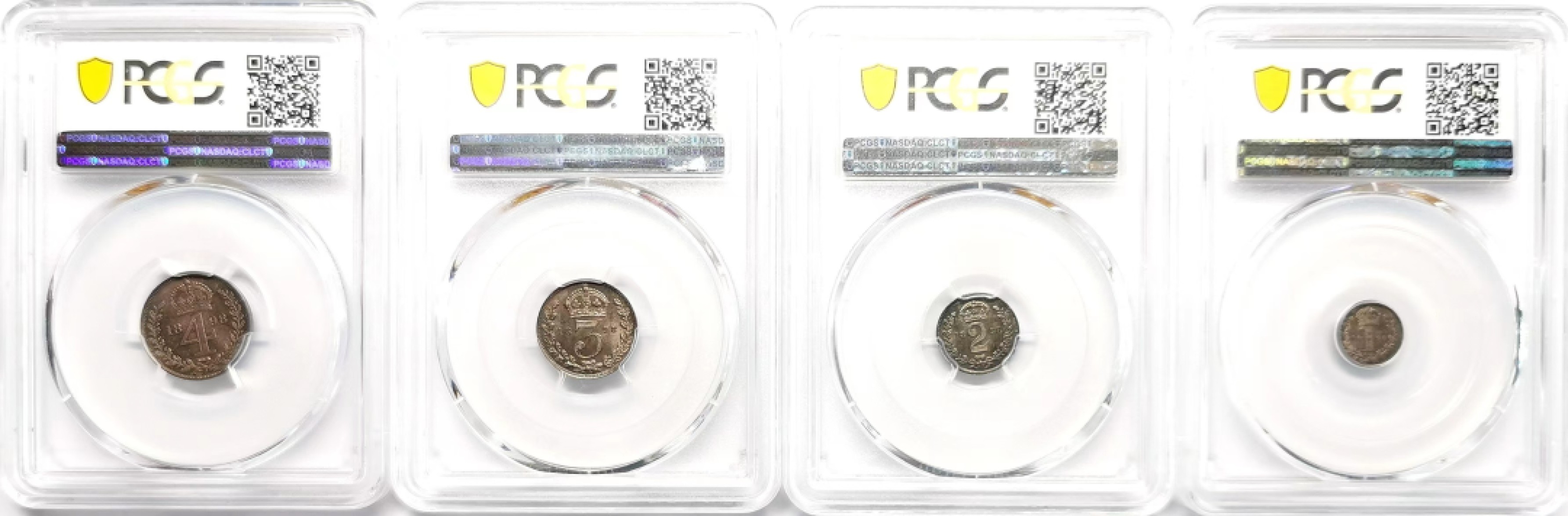 凡希社世界钱币微拍第二百三十六期 1898英国老维濯足币四枚套PCGS-PL66/65/66/66五彩高分绒盒包浆！