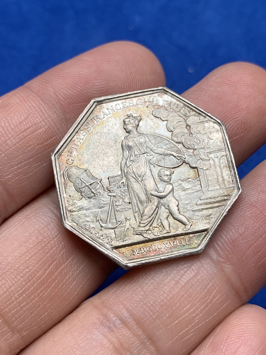 《竞宝斋》第157场-法国八角与章 专场！周日，周一，周四 3场 (全场包邮) 法国八角银质代币，火灾保险公司，13.94g，30.6mm，手指边铭