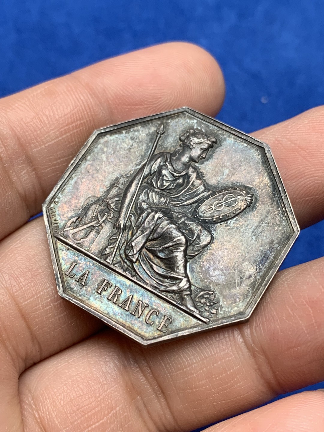 《竞宝斋》第157场-法国八角与章 专场！周日，周一，周四 3场 (全场包邮) 法国八角银质代币，法国人寿保险，19.7g，36.3mm，丰饶角边铭