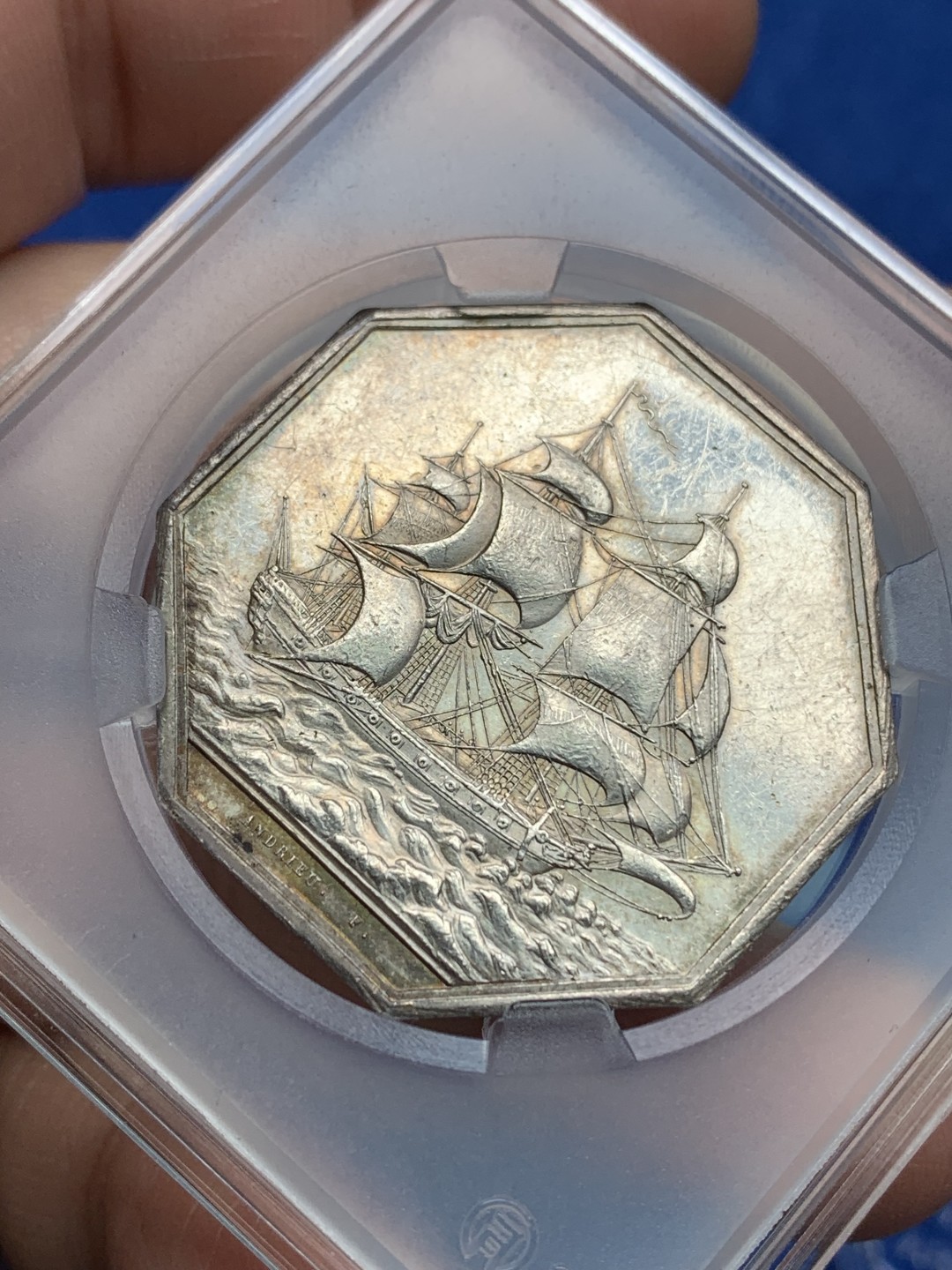 《竞宝斋》第157场-法国八角与章 专场！周日，周一，周四 3场 (全场包邮) 法国八角银质代币，1803年巴黎商会，一帆风顺，17.2g，36mm，早期无边铭