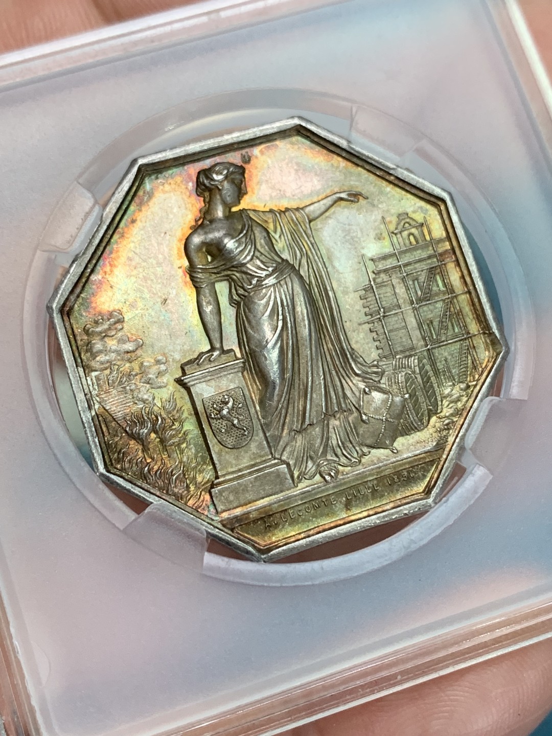 《竞宝斋》第157场-法国八角与章 专场！周日，周一，周四 3场 (全场包邮) 法国八角银质代币，北方火灾保险，17.05g，35mm，手指边铭，高浮雕，五彩包浆