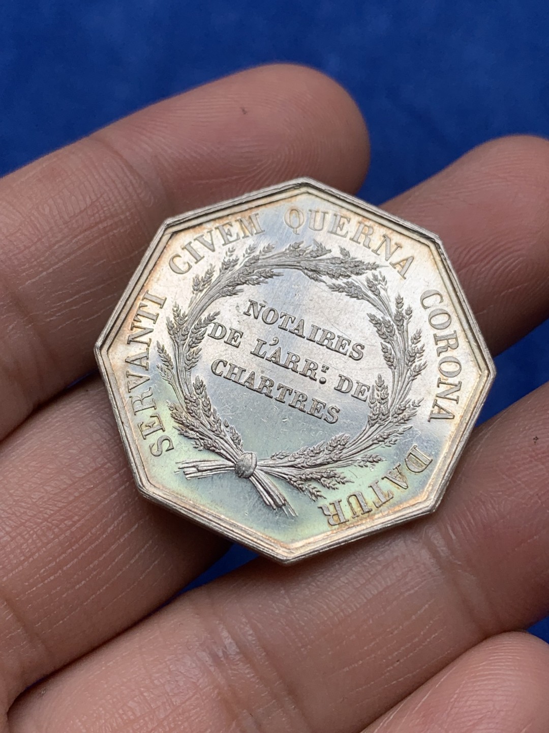 《竞宝斋》第157场-法国八角与章 专场！周日，周一，周四 3场 (全场包邮) 法国八角银质代币，沙特尔公证人，14.36g，31.6mm，丰饶角边铭