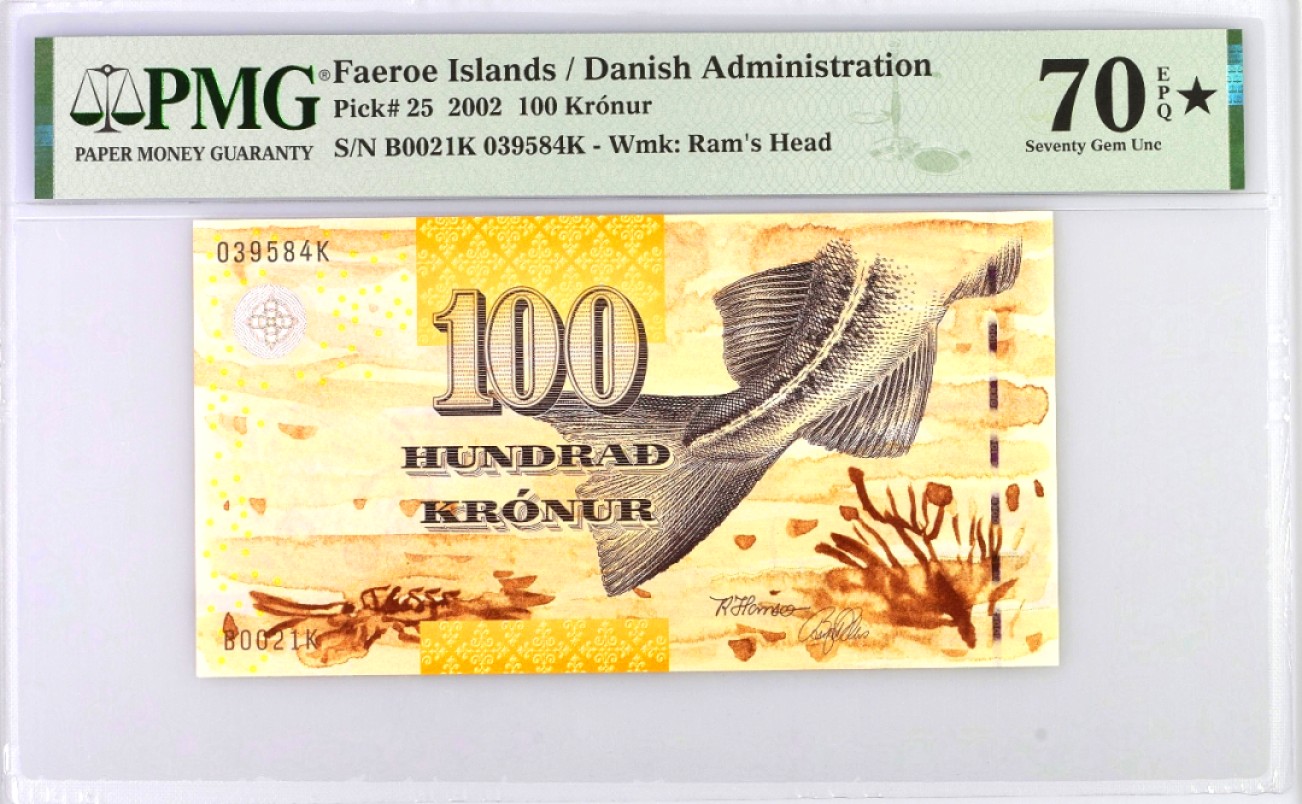 【Blue Auction】✨世界纸币精拍第316期——周日畅拍场  【初版 冠军分 满分】法罗群岛 2002年100克朗 PMG70EPQ星星 一步到位