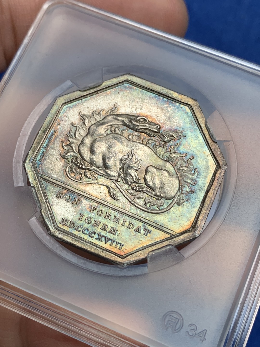 《竞宝斋》第157场-法国八角与章 专场！周日，周一，周四 3场 (全场包邮) 法国八角银质代币，巴黎火灾互助保险公司，14.3g，33.8mm，早期无边铭，小火龙原味五彩实属难得