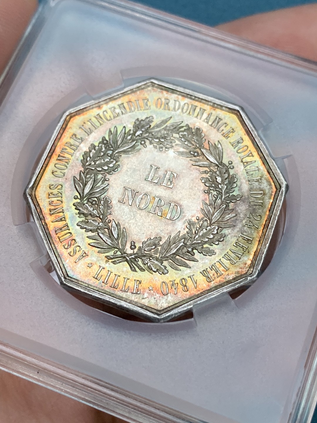 《竞宝斋》第157场-法国八角与章 专场！周日，周一，周四 3场 (全场包邮) 法国八角银质代币，北方火灾保险，17.05g，35mm，手指边铭，高浮雕，五彩包浆