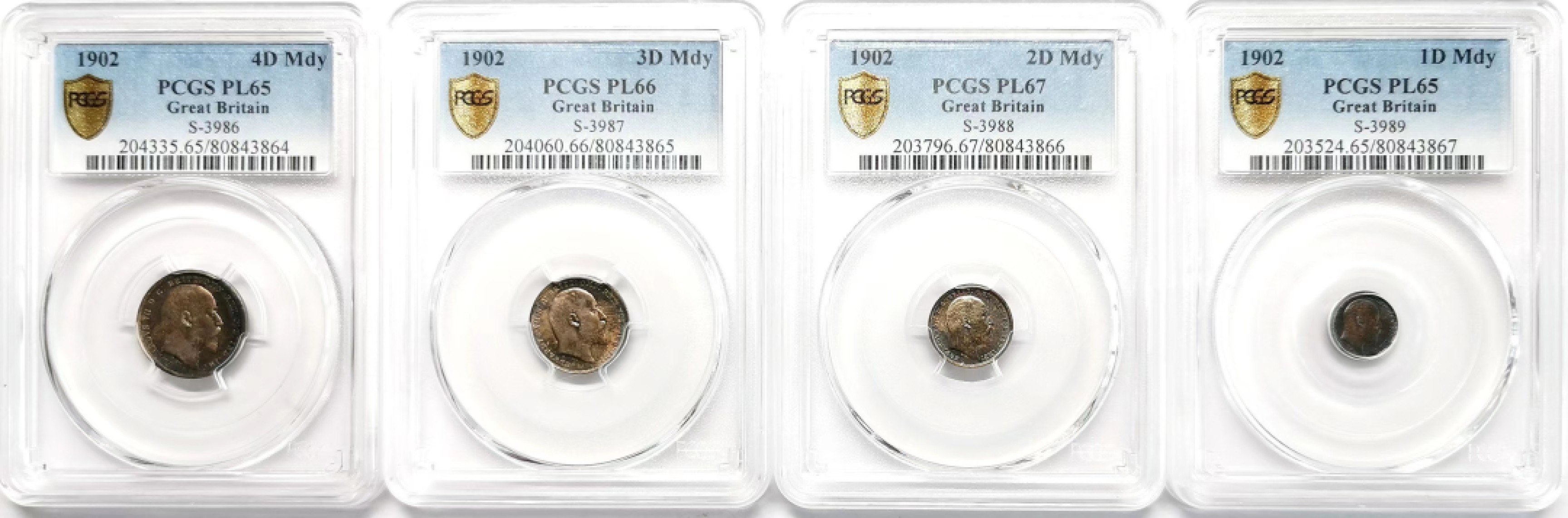 凡希社世界钱币微拍第二百三十六期 1902英国爱七濯足币四枚套PCGS-PL65/67/66/65所附原盒品相完美！