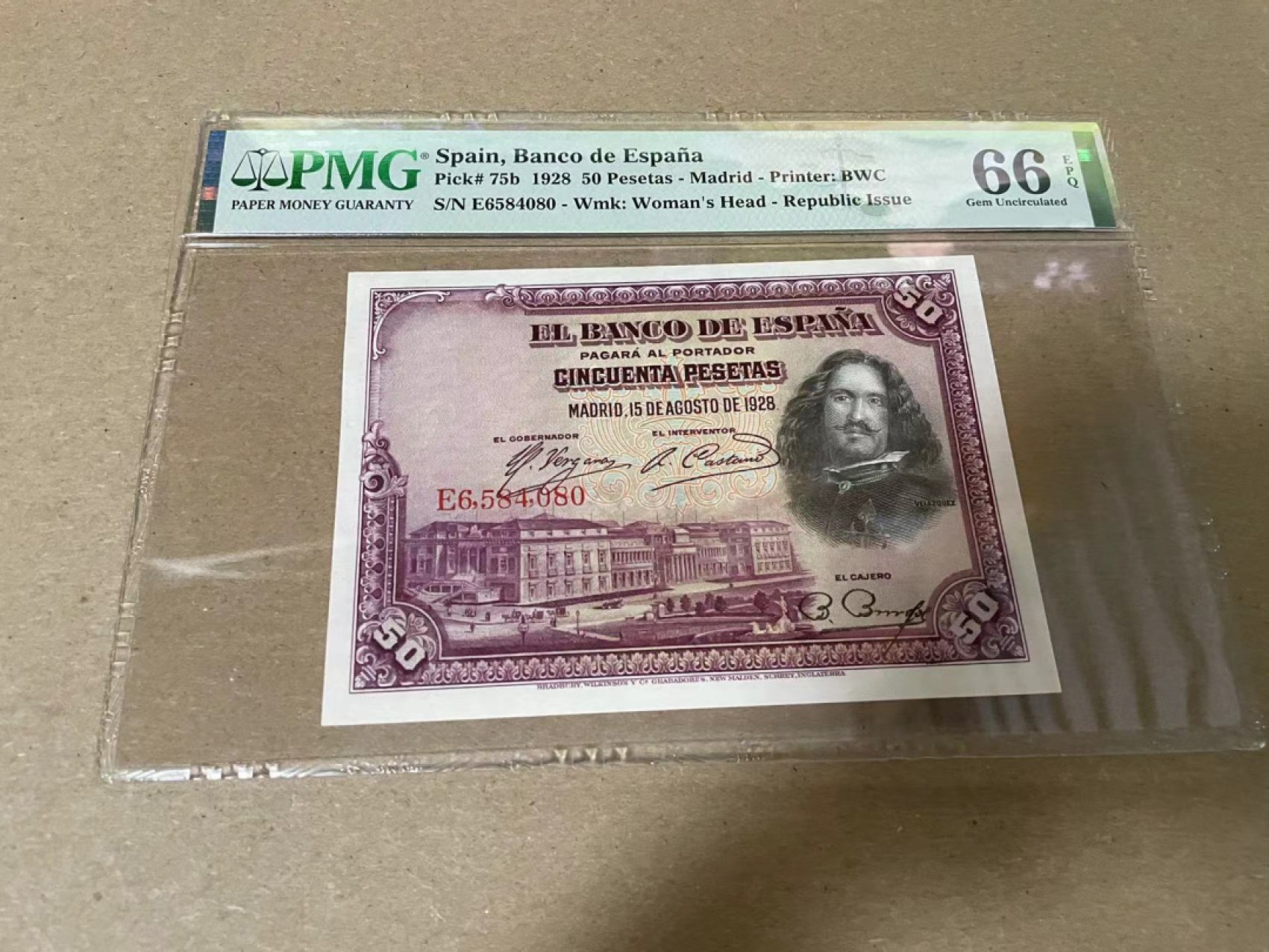 【Blue Auction】✨世界纸币精拍第316期——周日畅拍场 西班牙 1928年50比塞塔 PMG66EPQ BWC出品 雕刻精美