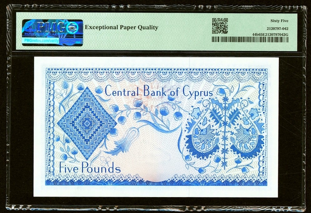 【Blue Auction】✨世界纸币精拍第316期——周日畅拍场 【b版较少见 非1975年c版】塞浦路斯 1973年5镑最高值  PMG65EPQ 绝品 BWC出品 青花瓷 大票幅 