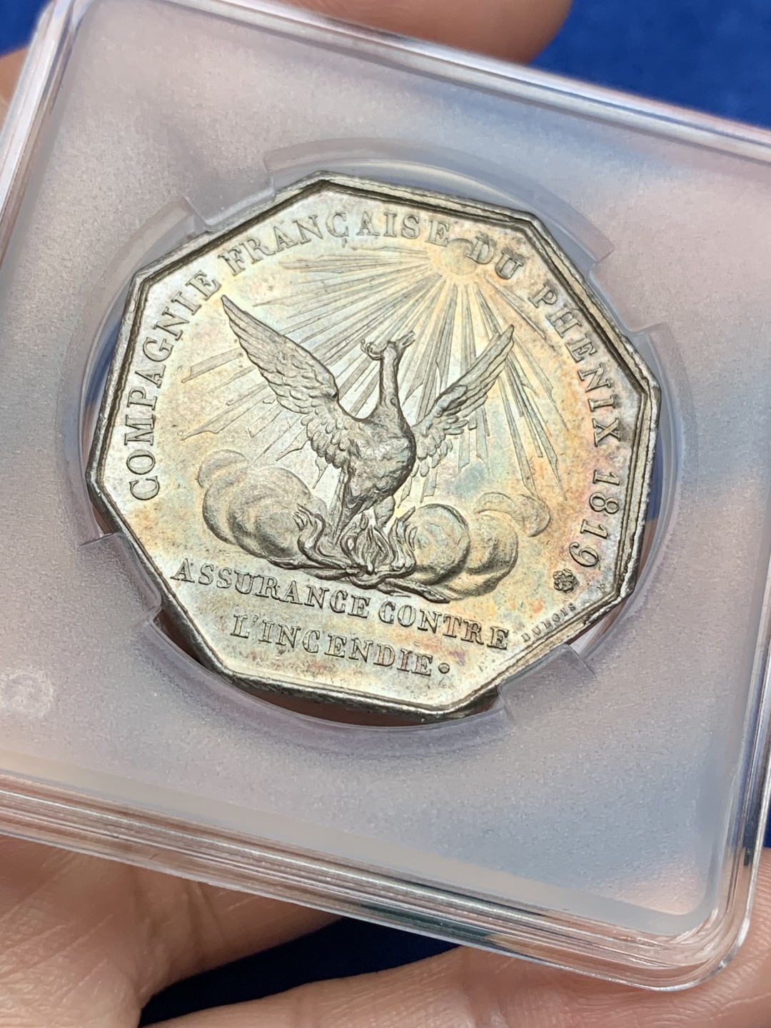 《竞宝斋》第157场-法国八角与章 专场！周日，周一，周四 3场 (全场包邮) 法国八角银质代币，凤凰火灾保险，菲利普一世，22.51g，36mm，油灯边铭