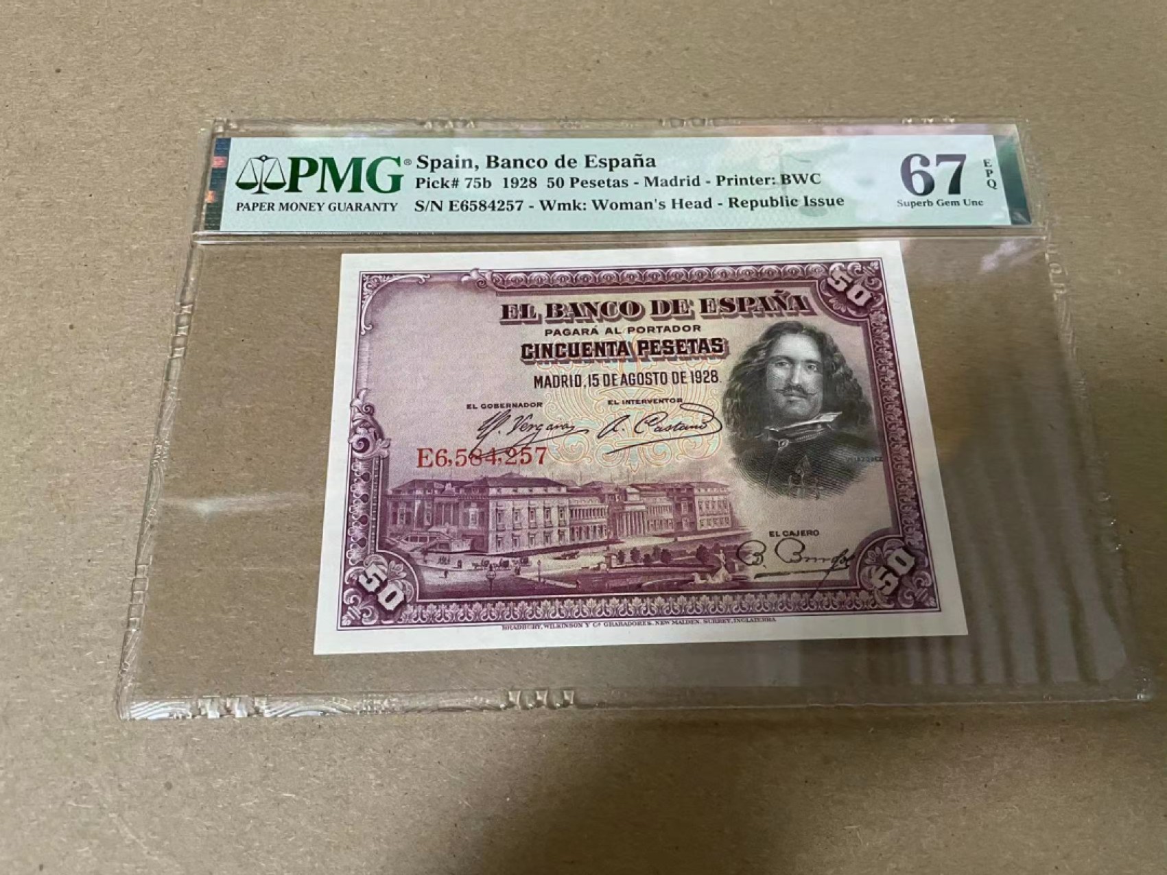 【Blue Auction】✨世界纸币精拍第316期——周日畅拍场 西班牙 1928年50比塞塔 PMG67EPQ 高分 BWC出品 雕刻精美