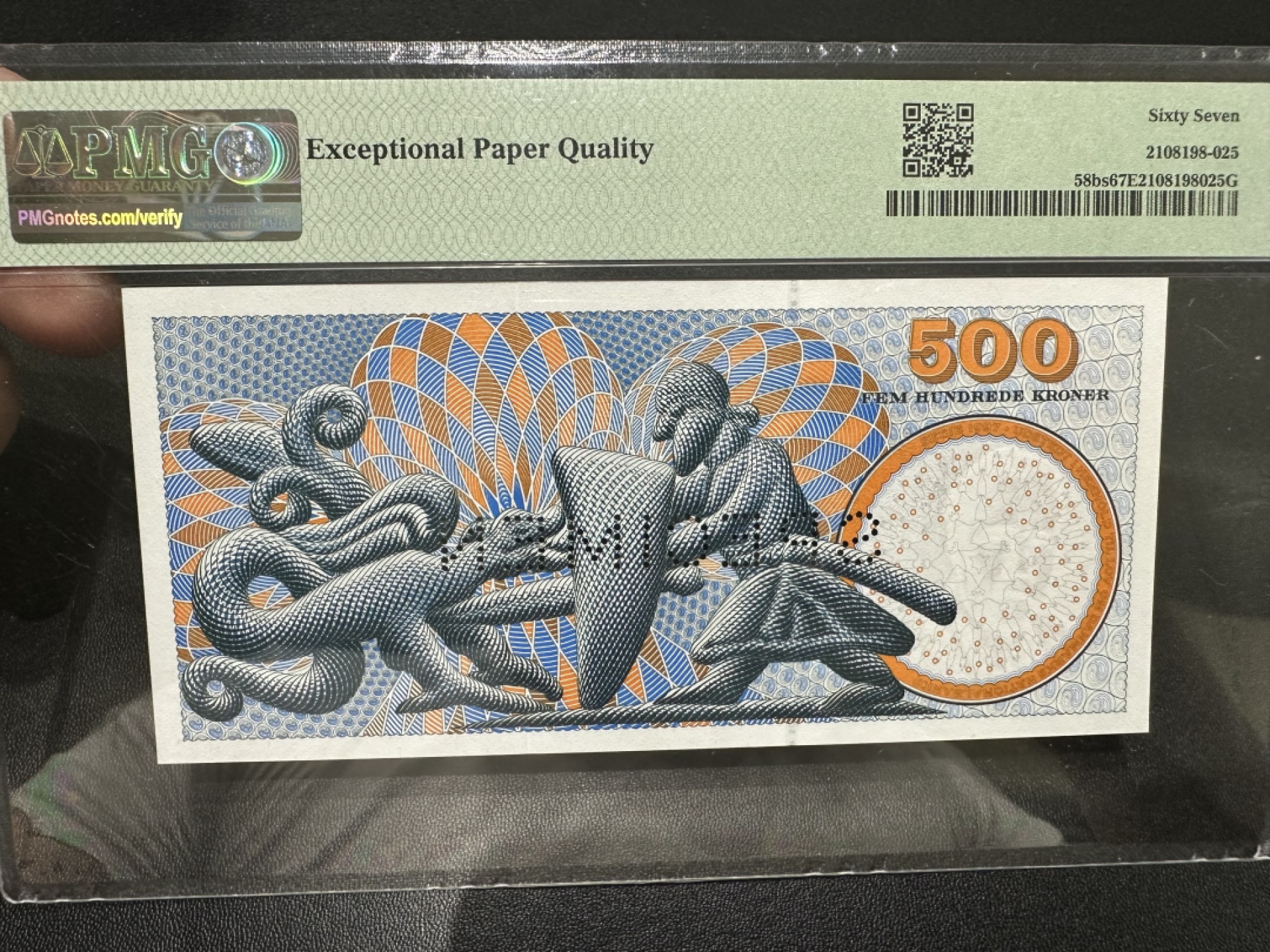 《外钞收藏家》第二百八十六期（连拍第三场） 1997年丹麦浮雕版500克朗 PMG67 A0冠 高分