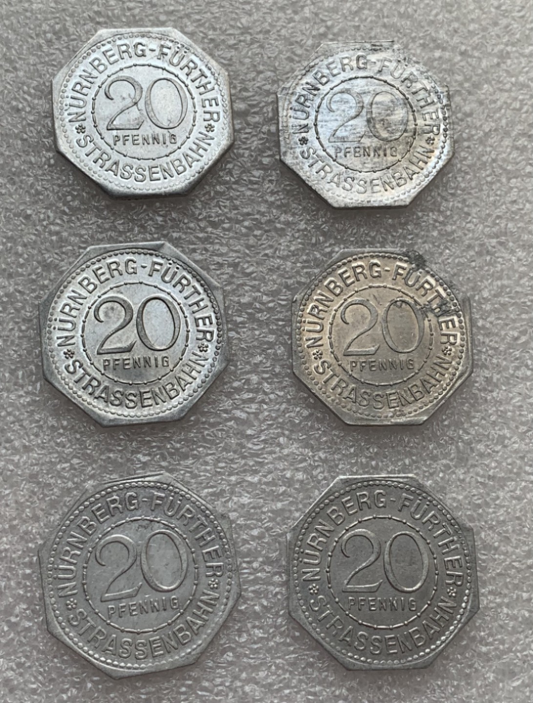 瓶子🏺第88期拍卖会 德国1920年纽伦堡电车币代用币20芬尼铝币6枚（15）