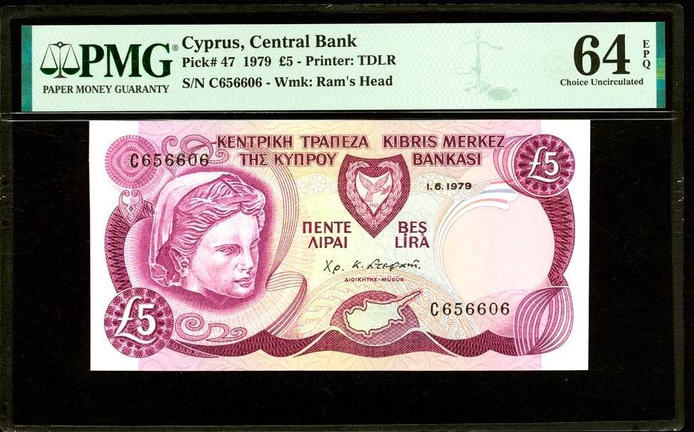 【Blue Auction】✨世界纸币精拍第316期——周日畅拍场 【656606无47靓号】塞浦路斯 1979年5镑 PMG64EPQ 