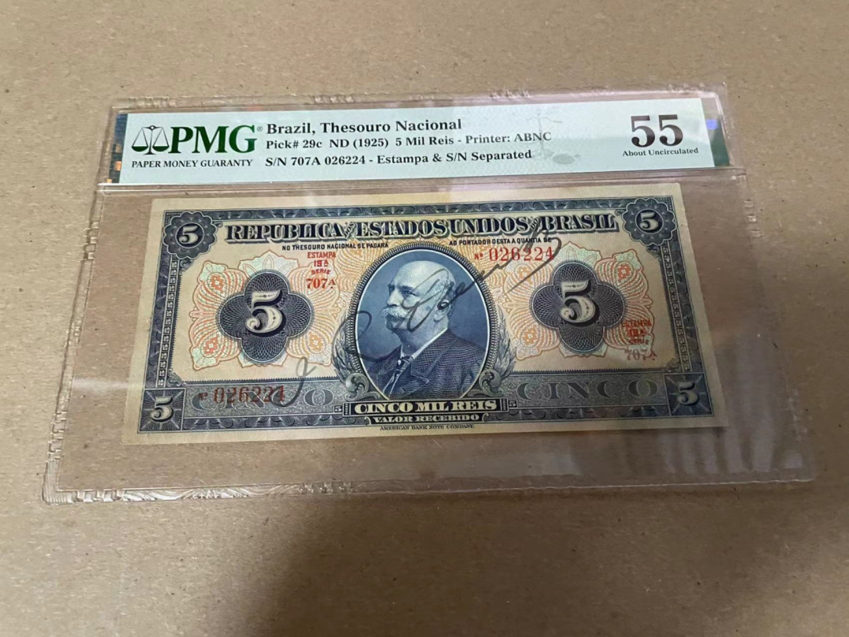 【Blue Auction】✨世界纸币精拍第316期——周日畅拍场 【手签实钞】巴西 1925年5Mil Reis PMG55 ABNC出品 