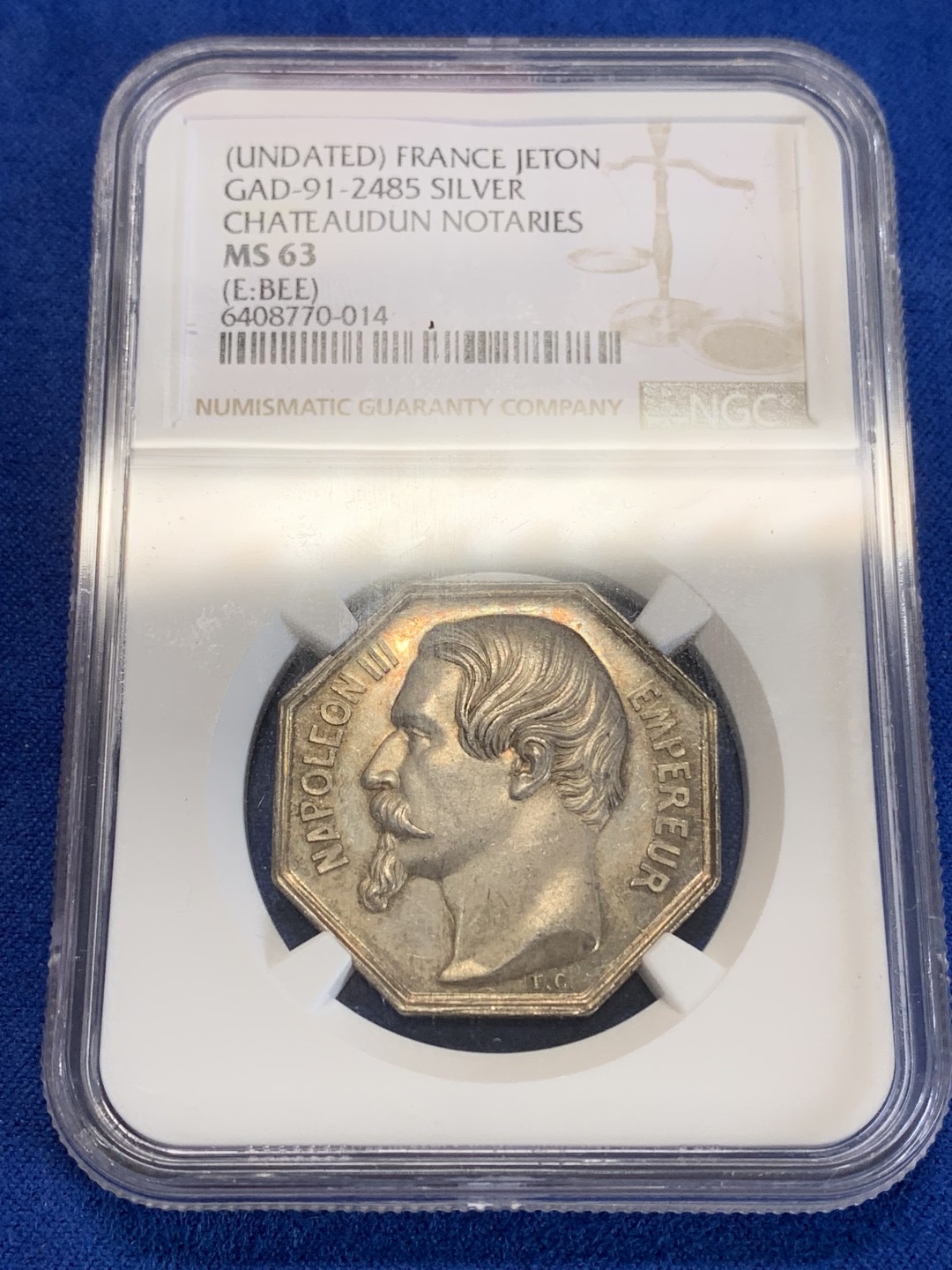 《竞宝斋》第157场-法国八角与章 专场！周日，周一，周四 3场 (全场包邮) NGC-MS63法国八角银质代币，卢瓦尔地区的沙托当公证人，手指边铭，五彩包浆