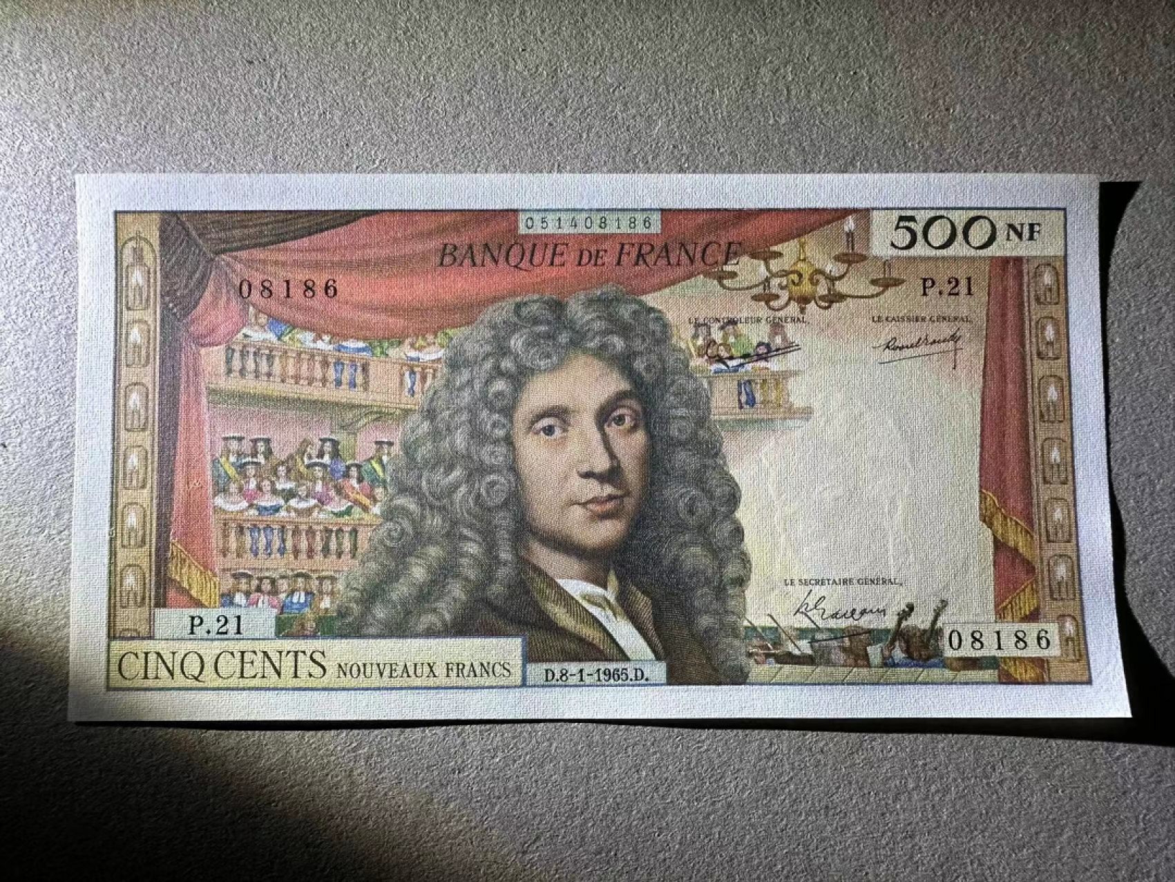 【Blue Auction】✨世界纸币精拍第316期——周日畅拍场  【08186倒置号】法国 1963年 500新法郎 莫里哀 UNC- 针孔