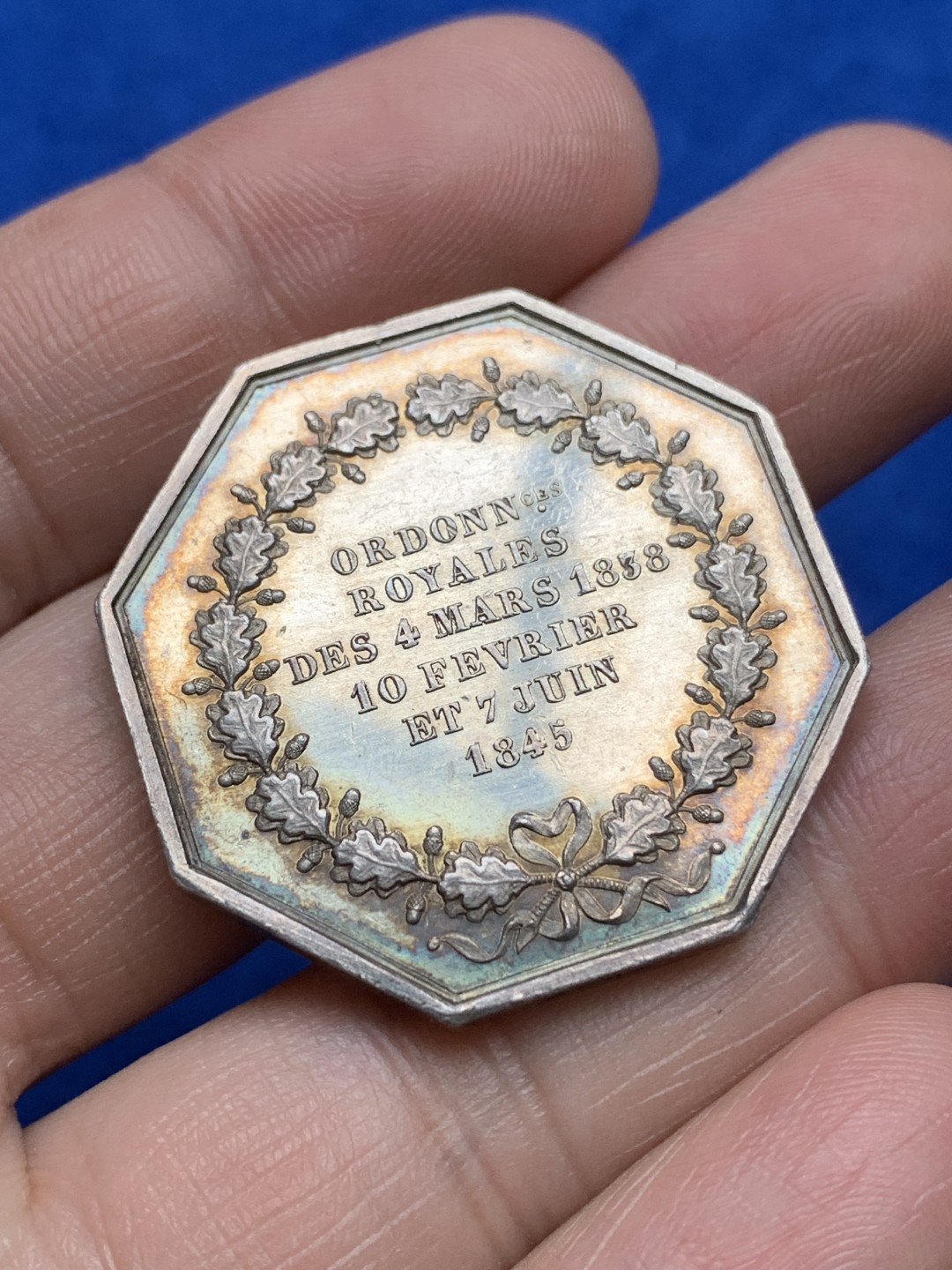 《竞宝斋》第157场-法国八角与章 专场！周日，周一，周四 3场 (全场包邮) 法国八角银质代币，城市人寿保险，少见皇冠版，18.98g，34.5mm，手指边铭，金紫包浆