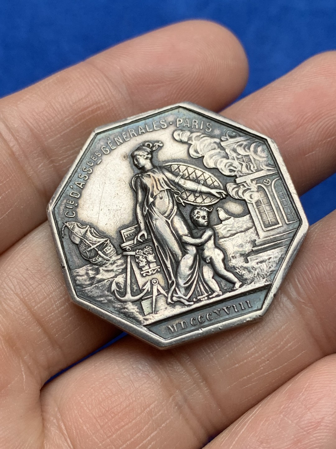 《竞宝斋》第157场-法国八角与章 专场！周日，周一，周四 3场 (全场包邮) 法国八角银质代币，火灾保险公司，21.45g，34.6mm，无边铭，后铸大版