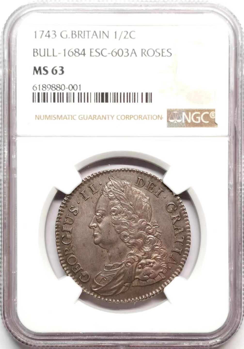 凡希社世界钱币微拍第二百三十六期 荐！1743英国乔二玫瑰1/2克朗NGC-MS63英伦紫罗兰包浆！