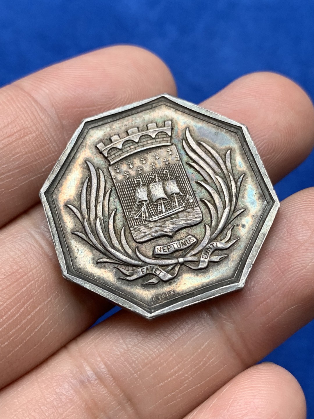 《竞宝斋》第157场-法国八角与章 专场！周日，周一，周四 3场 (全场包邮) 法国八角银质代币，南特商会，13.13g，31.5mm，蜜蜂边铭