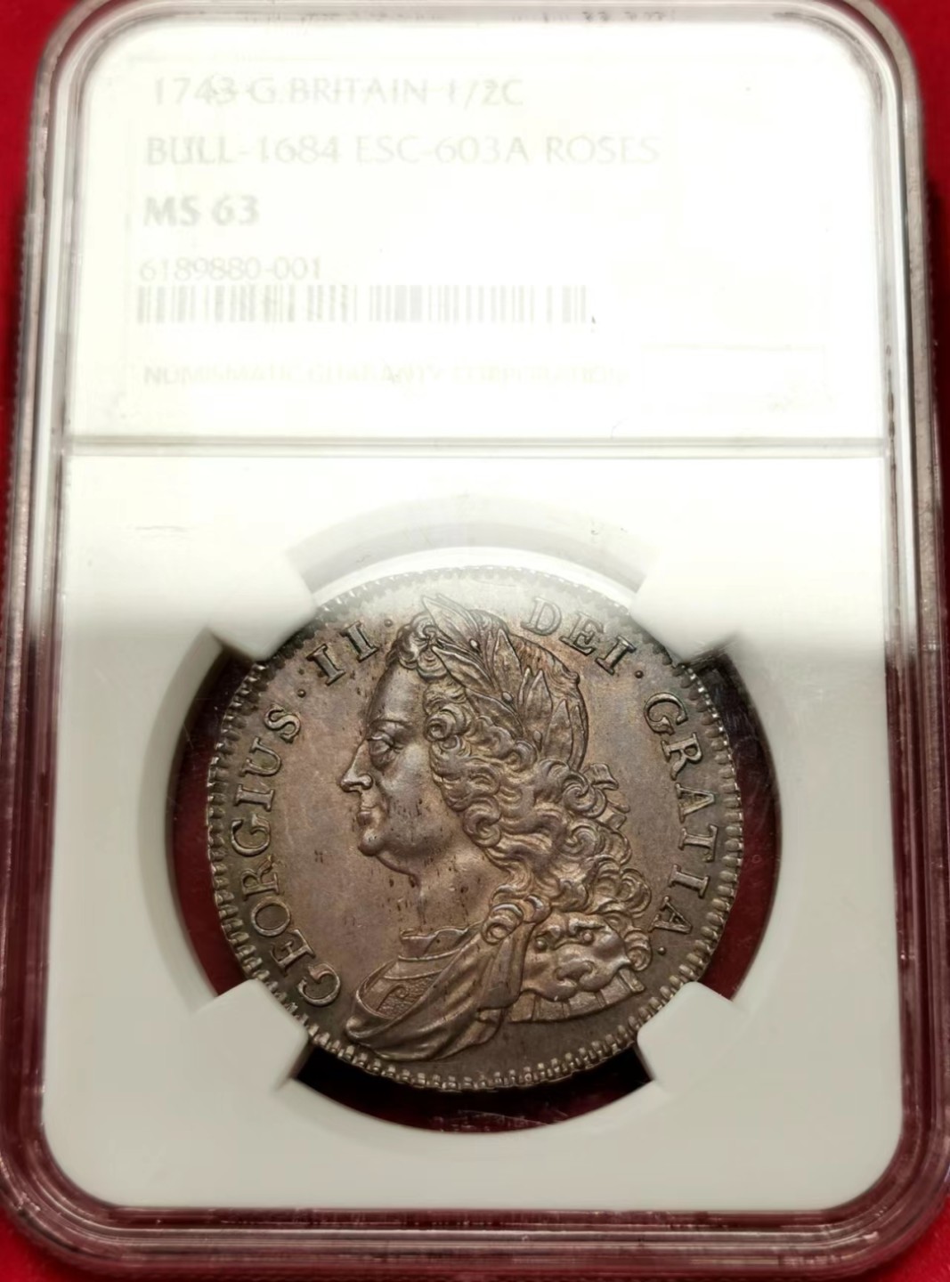 凡希社世界钱币微拍第二百三十六期 荐！1743英国乔二玫瑰1/2克朗NGC-MS63英伦紫罗兰包浆！