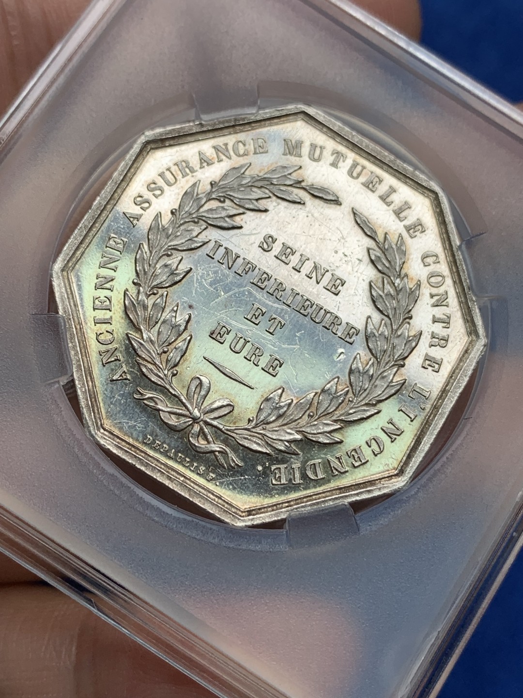 《竞宝斋》第157场-法国八角与章 专场！周日，周一，周四 3场 (全场包邮) 法国八角银质代币，塞纳河火灾共同基金，22.95g，36.2mm，蜜蜂边铭，黄油光