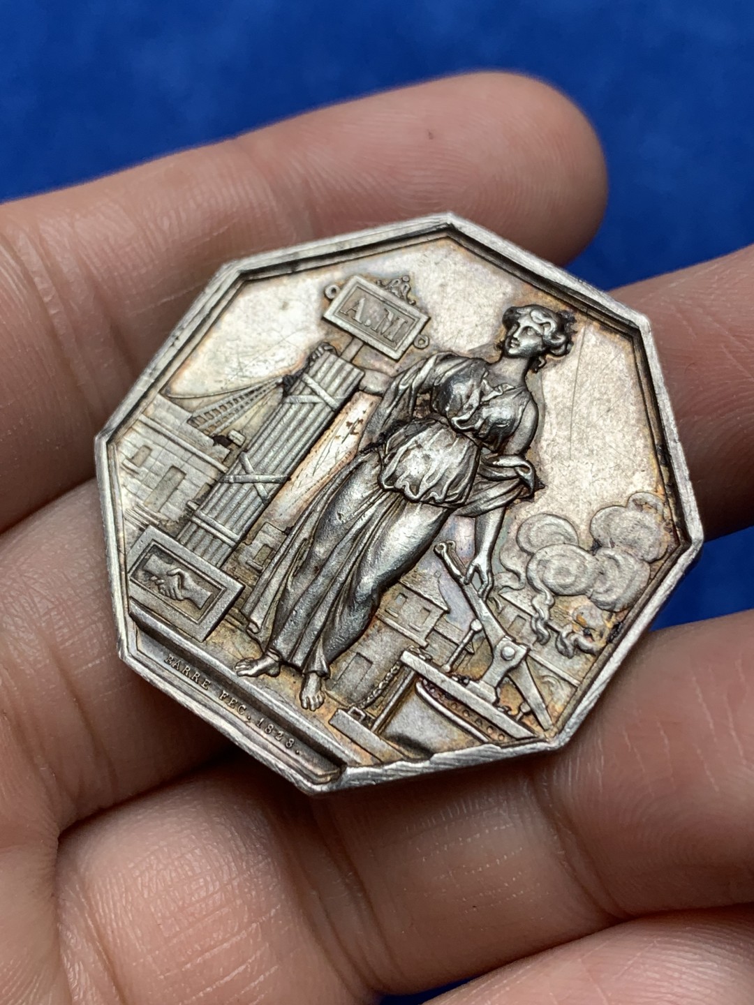 《竞宝斋》第157场-法国八角与章 专场！周日，周一，周四 3场 (全场包邮) 法国八角银质代币，塞纳河火灾互助保险，20.88g，36.5mm，手指边铭，高浮雕