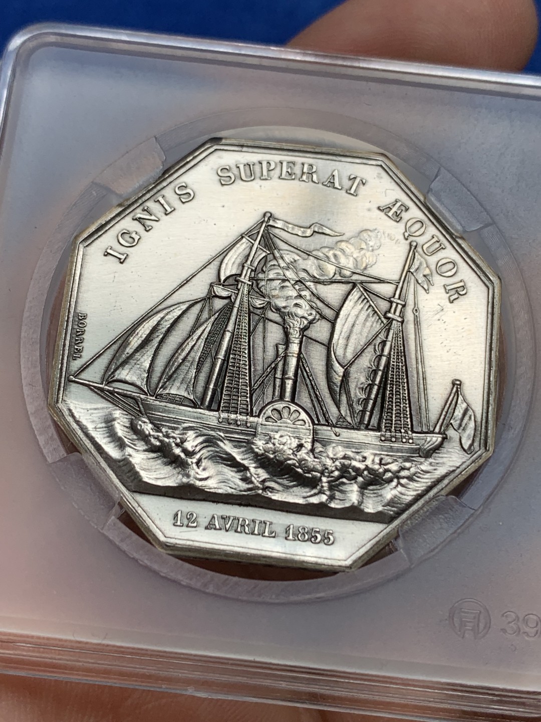 《竞宝斋》第157场-法国八角与章 专场！周日，周一，周四 3场 (全场包邮) 法国八角银质代币，内河和海运轮船公司，26.68g，38.5mm，丰饶角后铸带500枚编号