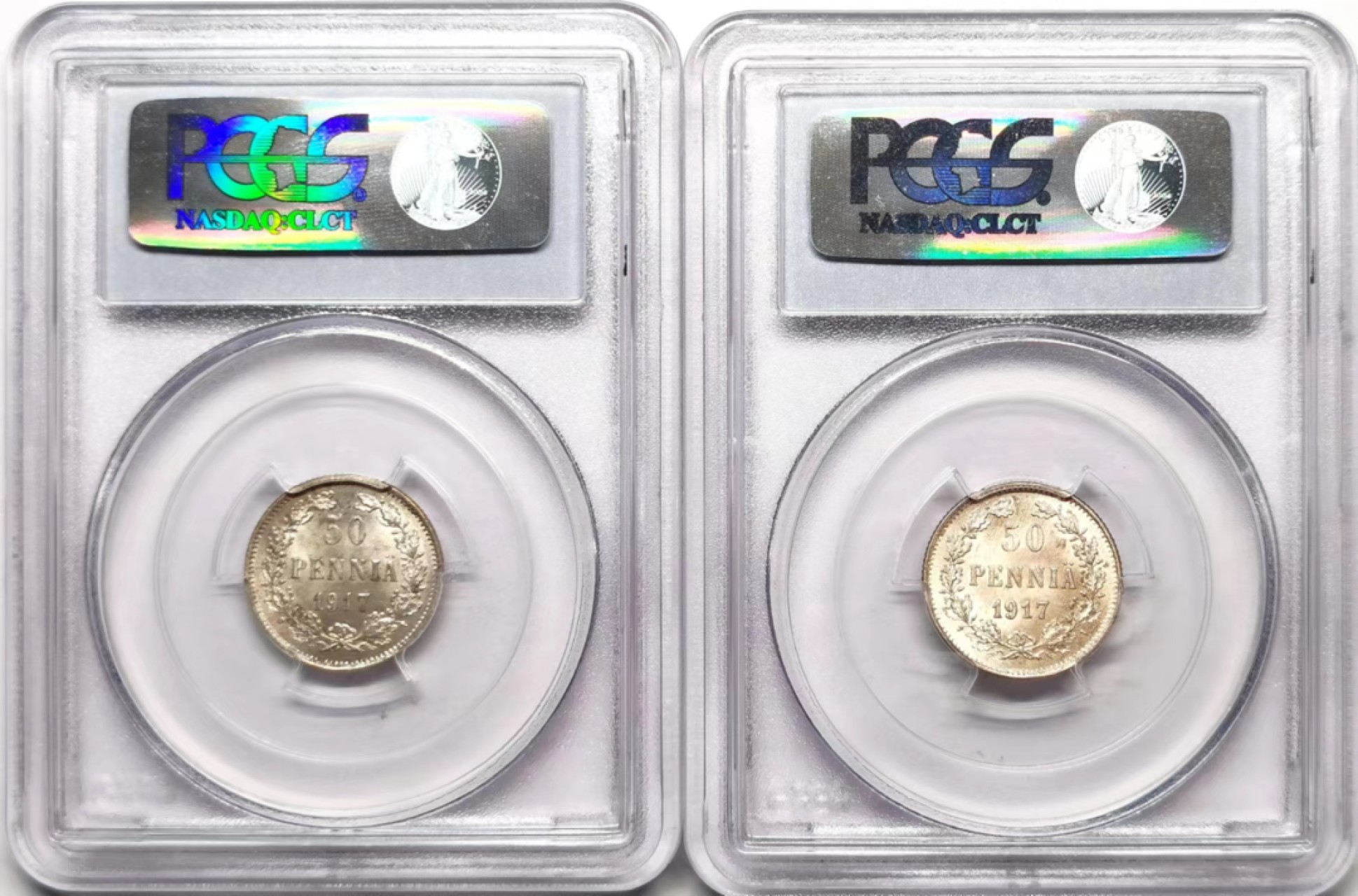 凡希社世界钱币微拍第二百三十六期 1917芬兰50芬尼银币两枚一组PCGS-MS65