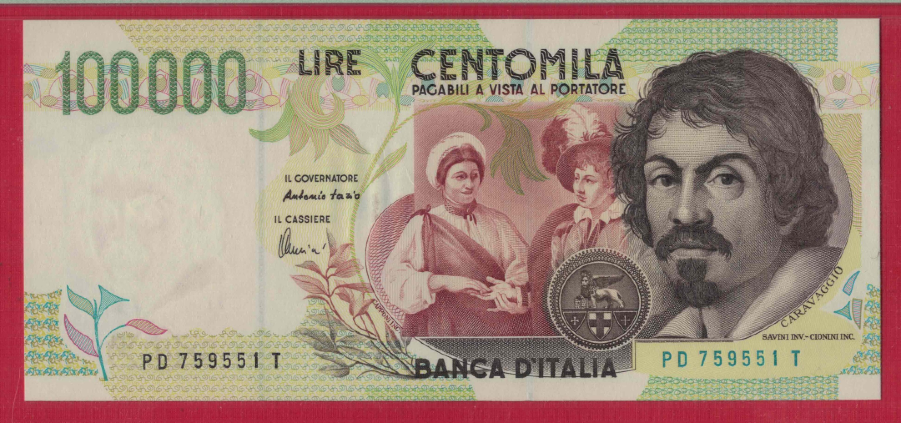 意大利100000里拉(10万里拉) 1994年 P-117b 签名如图 实物图 欧洲币 UNC
