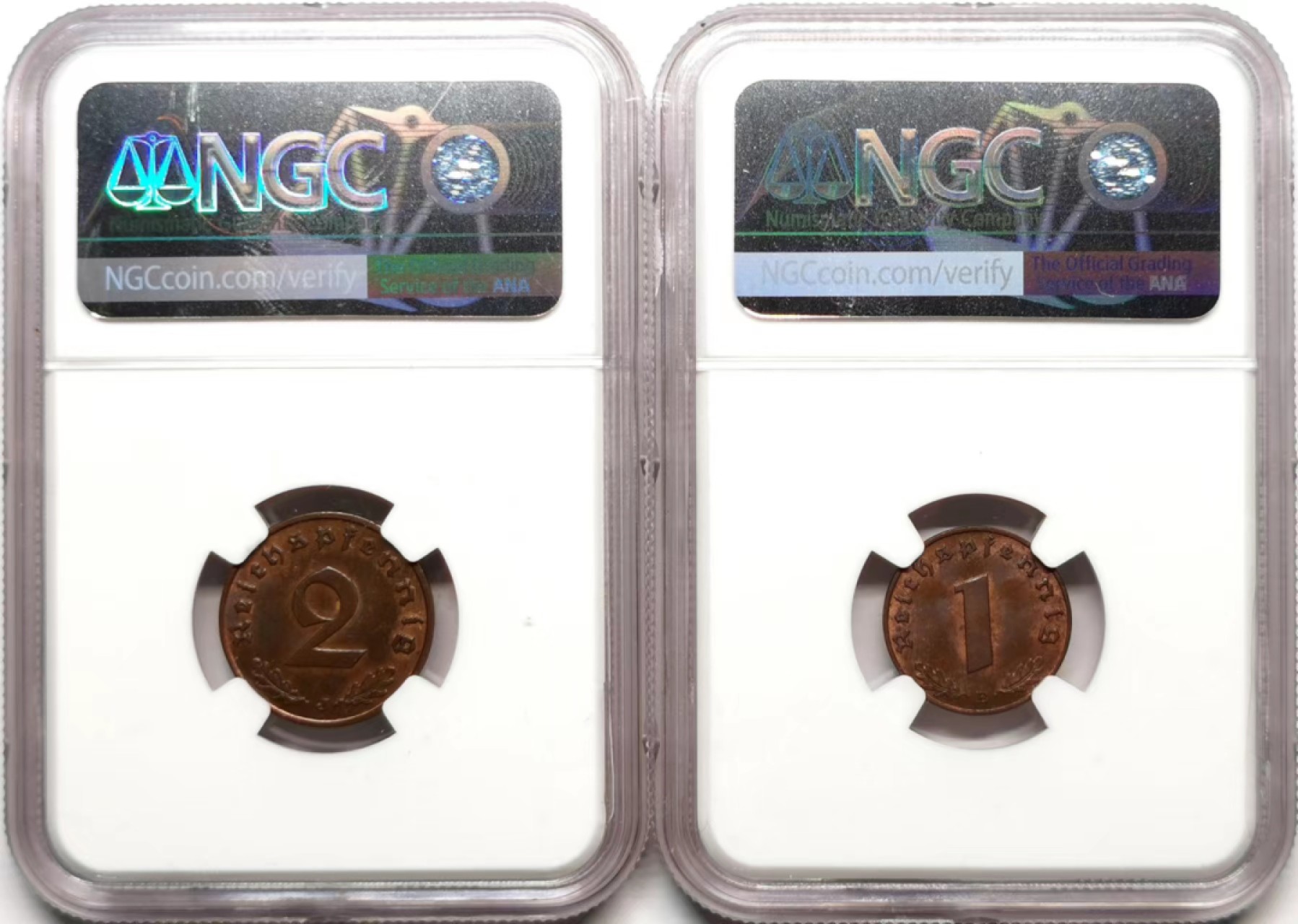 凡希社世界钱币微拍第二百三十六期 1939德国芬尼/2芬尼铜币一对NGC-MS62/63