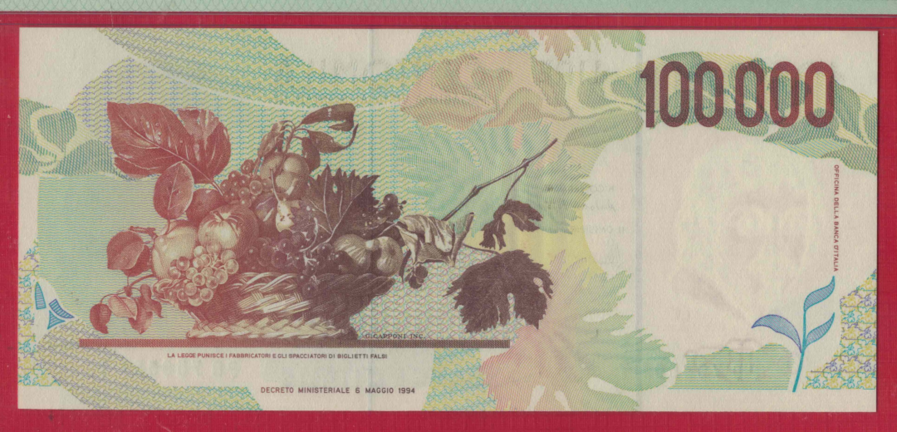 意大利100000里拉(10万里拉) 1994年 P-117b 签名如图 实物图 欧洲币 UNC