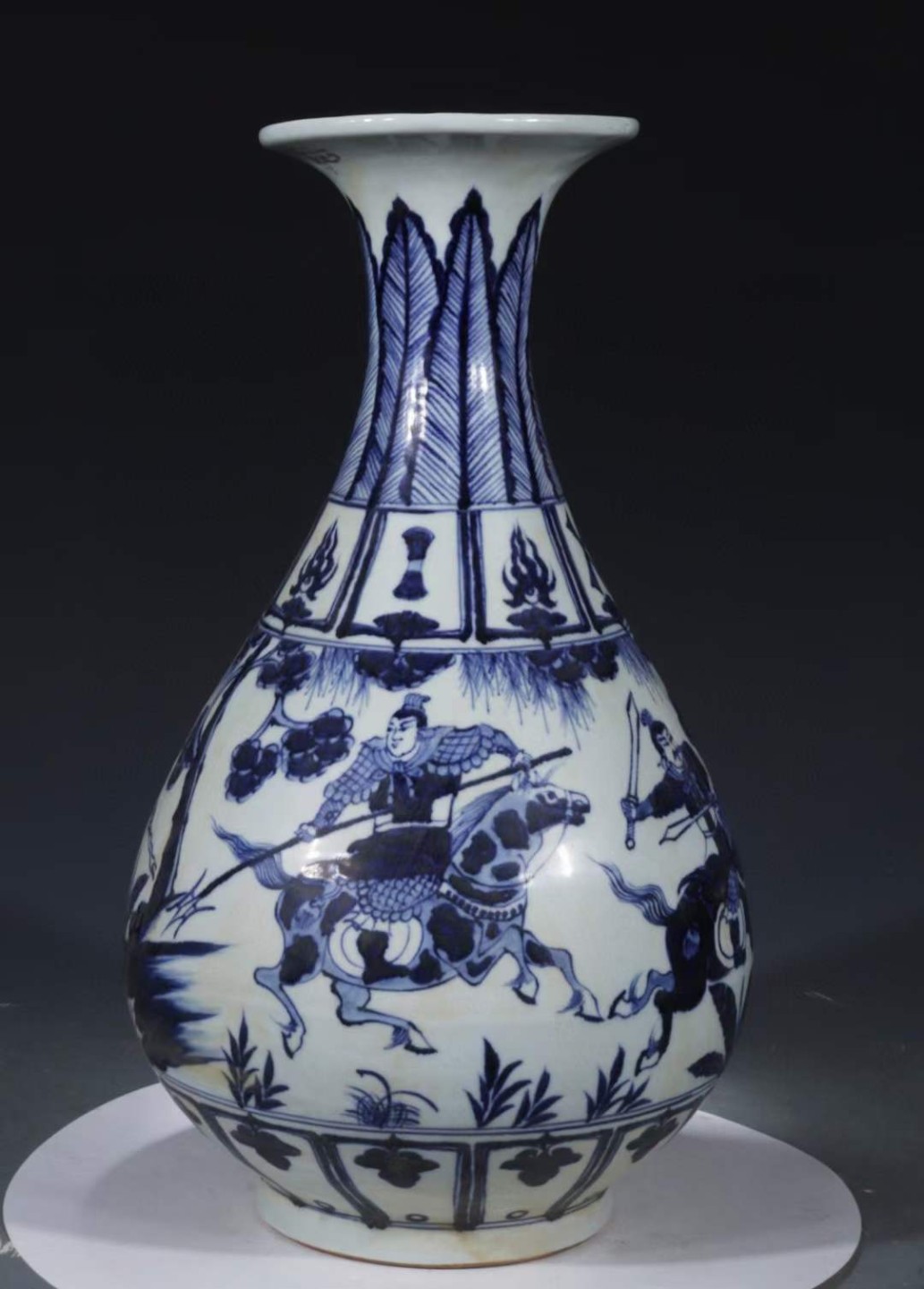 旧藏 元青花【三英战吕布】人物故事纹玉壶春瓶