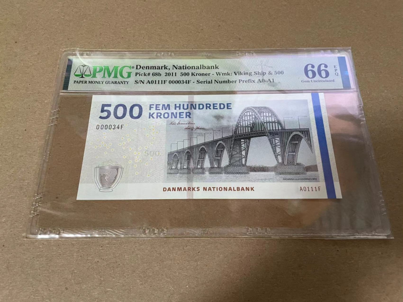 【Blue Auction】✨世界纸币精拍第316期——周日畅拍场 【A0 34小号】丹麦 2011年500克朗 PMG66EPQ 