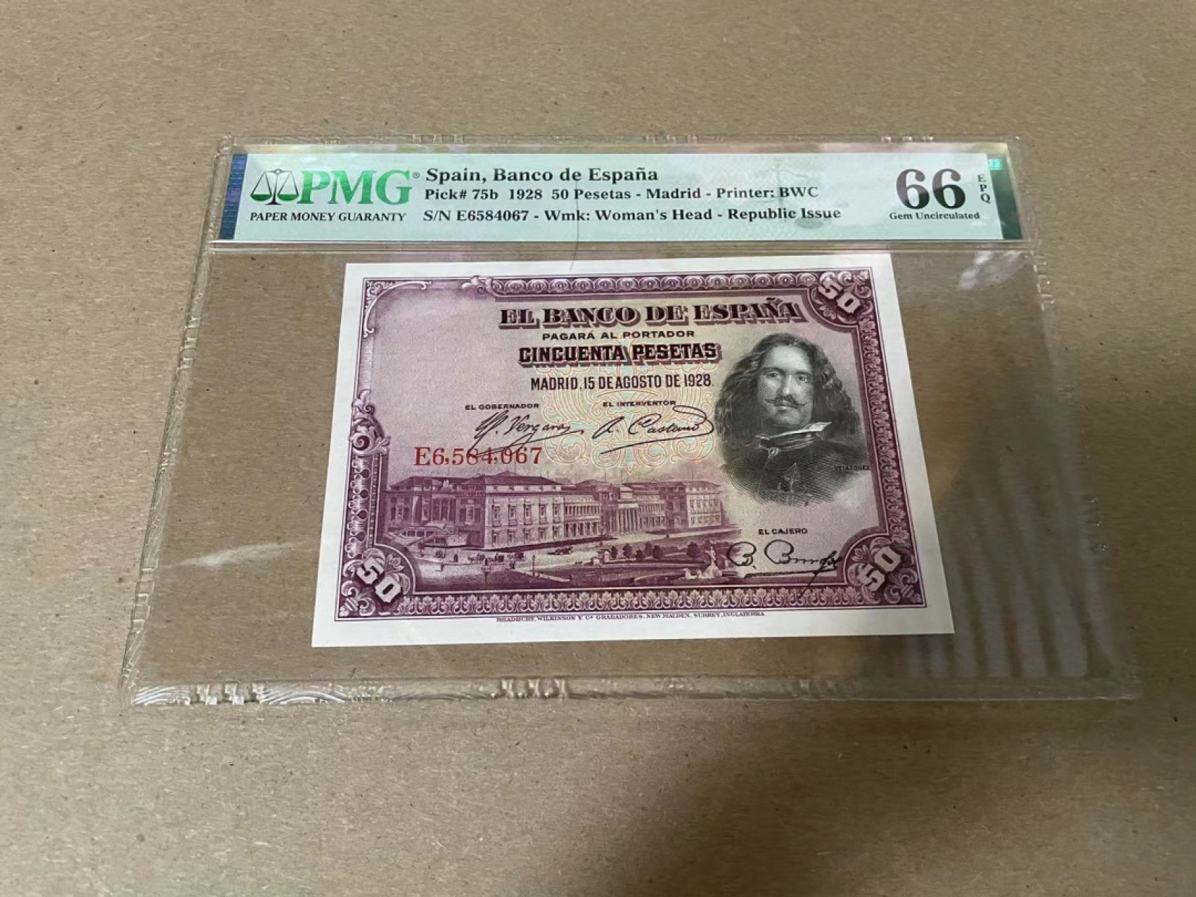 【Blue Auction】✨世界纸币精拍第316期——周日畅拍场 西班牙 1928年50比塞塔 PMG66EPQ BWC出品 雕刻精美