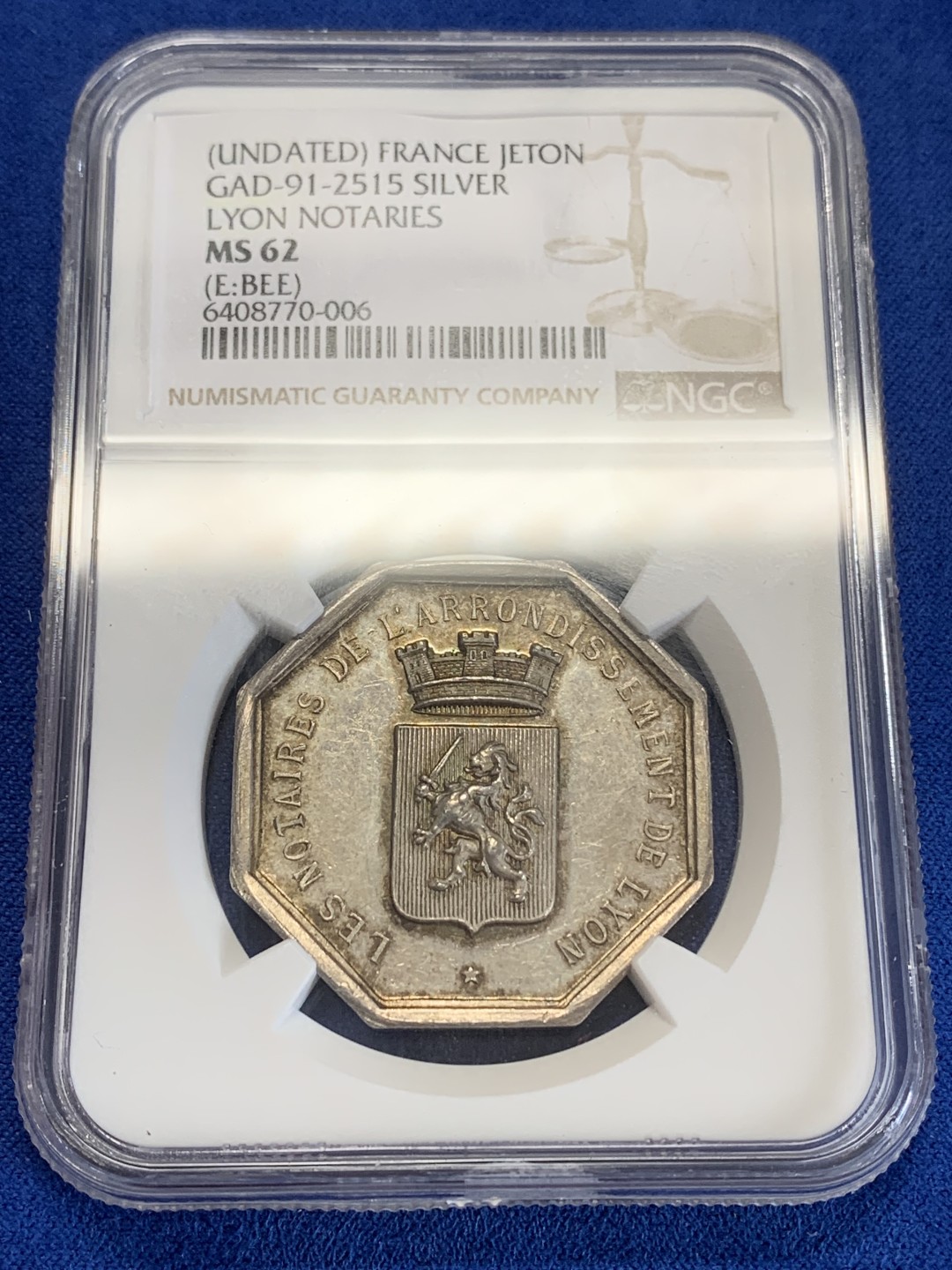 《竞宝斋》第157场-法国八角与章 专场！周日，周一，周四 3场 (全场包邮) NGC-MS62 法国 八角银质代币 里昂地区公证人，蜜蜂边铭，盾徽上高浮雕狮子高点俱在