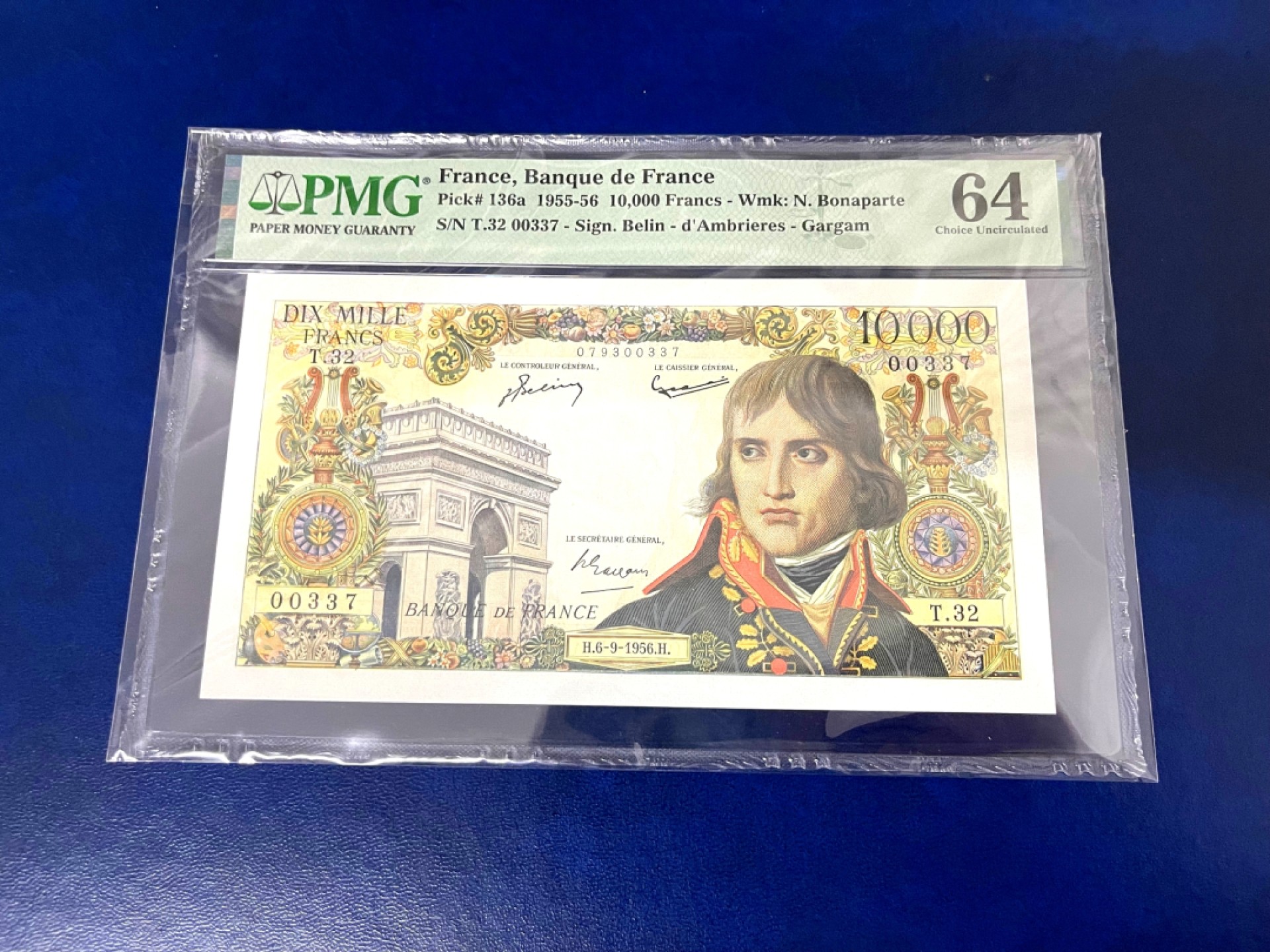 【Blue Auction】✨世界纸币精拍第316期——周日畅拍场 【冠军分 百位小号 p136a较少见】法国 1956年10000法郎 拿破仑 PMG64 顶级分数 