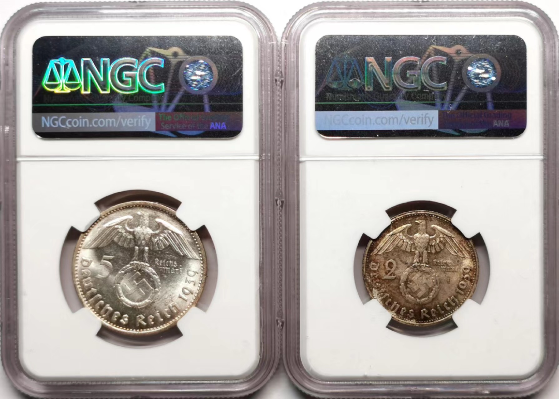 凡希社世界钱币微拍第二百三十六期 1939德国兴登堡2/5马克一对NGC-MS63/64