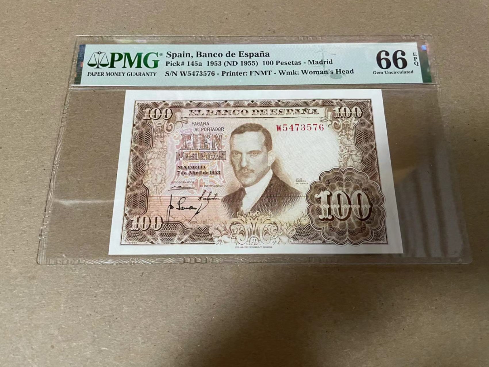 【Blue Auction】✨世界纸币精拍第316期——周日畅拍场 西班牙 1953年100比塞塔 抱瓶女 PMG66EPQ 