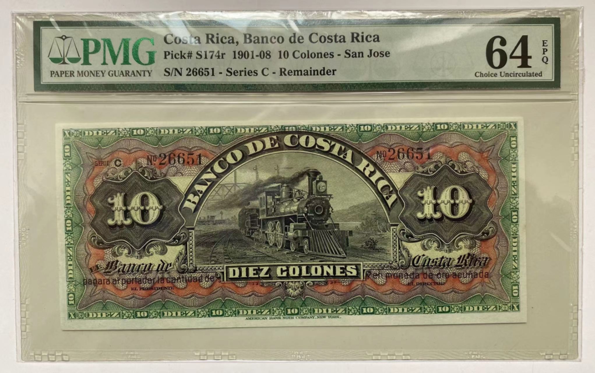 【Blue Auction】✨世界纸币精拍第316期——周日畅拍场 【无47】哥斯达黎加 1901-08年10克朗 PMG64EPQ ABNC出品 雕刻精美