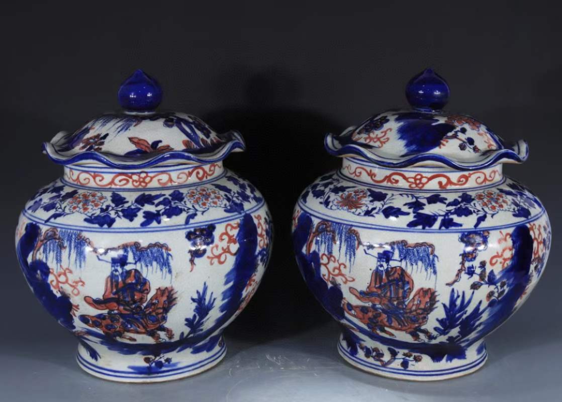 青花鬼谷子下山天字茶叶壺  茶道具    装飾品   工芸品 美術品 置物 □大成美術□青花鬼谷子下山図罐 箱付き（検）元時代 染付