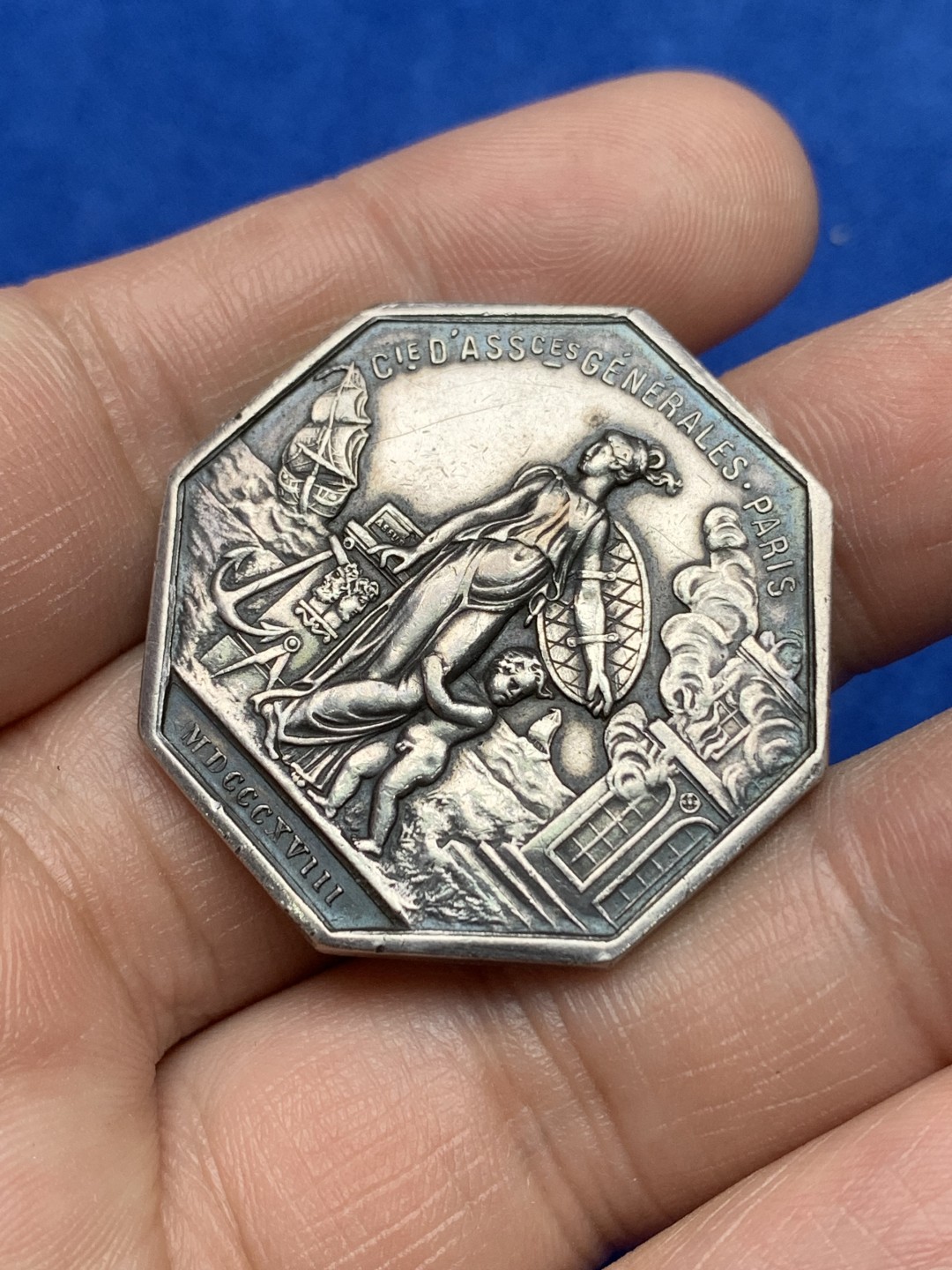《竞宝斋》第157场-法国八角与章 专场！周日，周一，周四 3场 (全场包邮) 法国八角银质代币，火灾保险公司，21.45g，34.6mm，无边铭，后铸大版