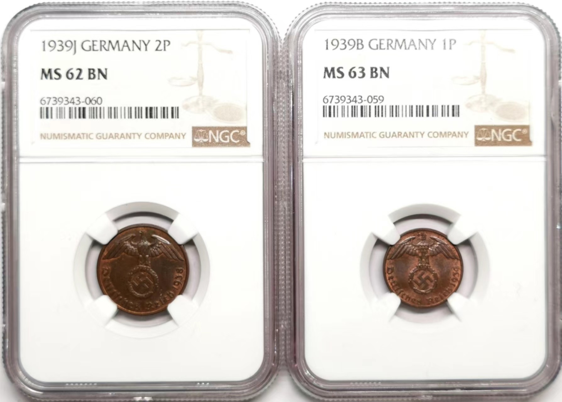 凡希社世界钱币微拍第二百三十六期 1939德国芬尼/2芬尼铜币一对NGC-MS62/63