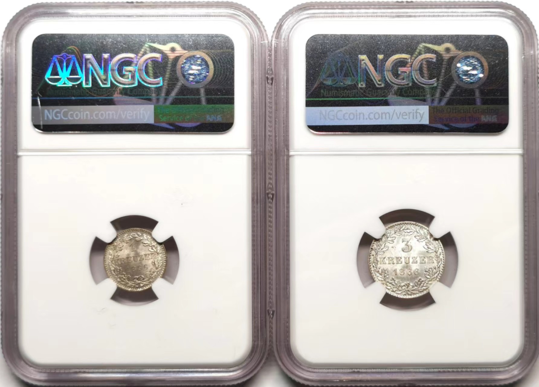 凡希社世界钱币微拍第二百三十六期 1866法兰克福1K/3K银辅币一对NGC-MS65/66高分精品！