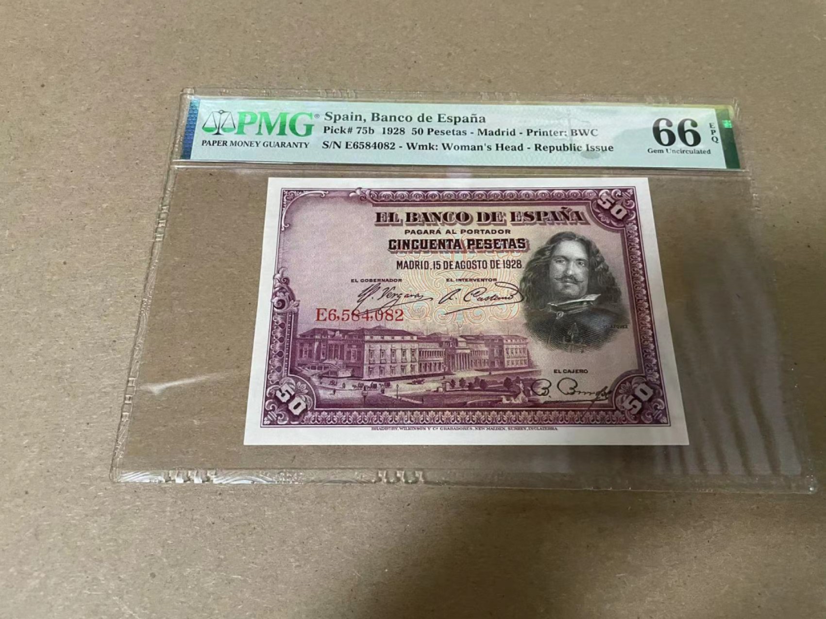 【Blue Auction】✨世界纸币精拍第316期——周日畅拍场 西班牙 1928年50比塞塔 PMG66EPQ BWC出品 雕刻精美