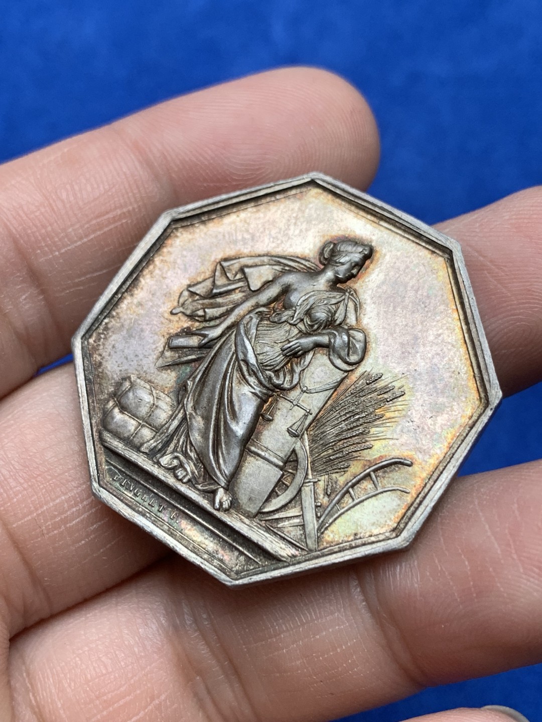 《竞宝斋》第157场-法国八角与章 专场！周日，周一，周四 3场 (全场包邮) 法国八角银质代币，火灾保险公司，20.62g，36.3mm，蜜蜂边铭，金色包浆