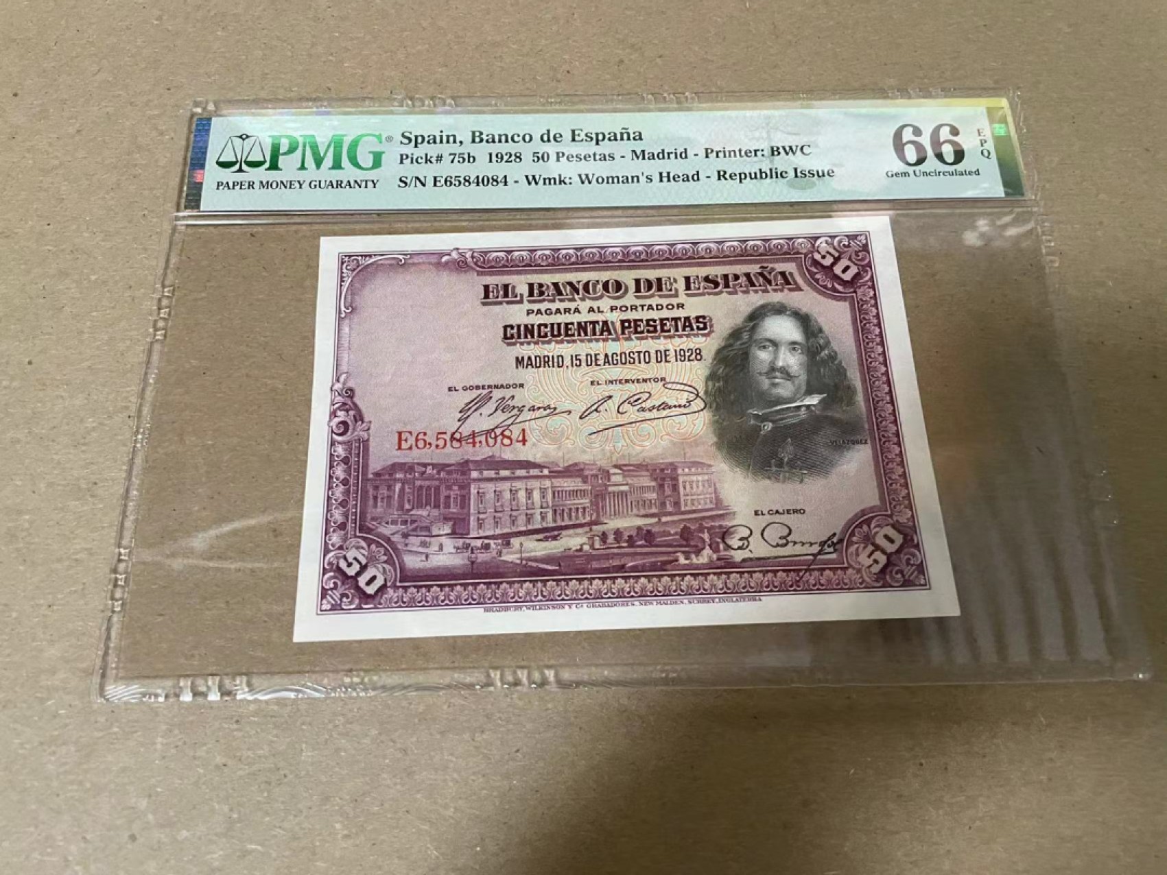【Blue Auction】✨世界纸币精拍第316期——周日畅拍场 西班牙 1928年50比塞塔 PMG66EPQ BWC出品 雕刻精美
