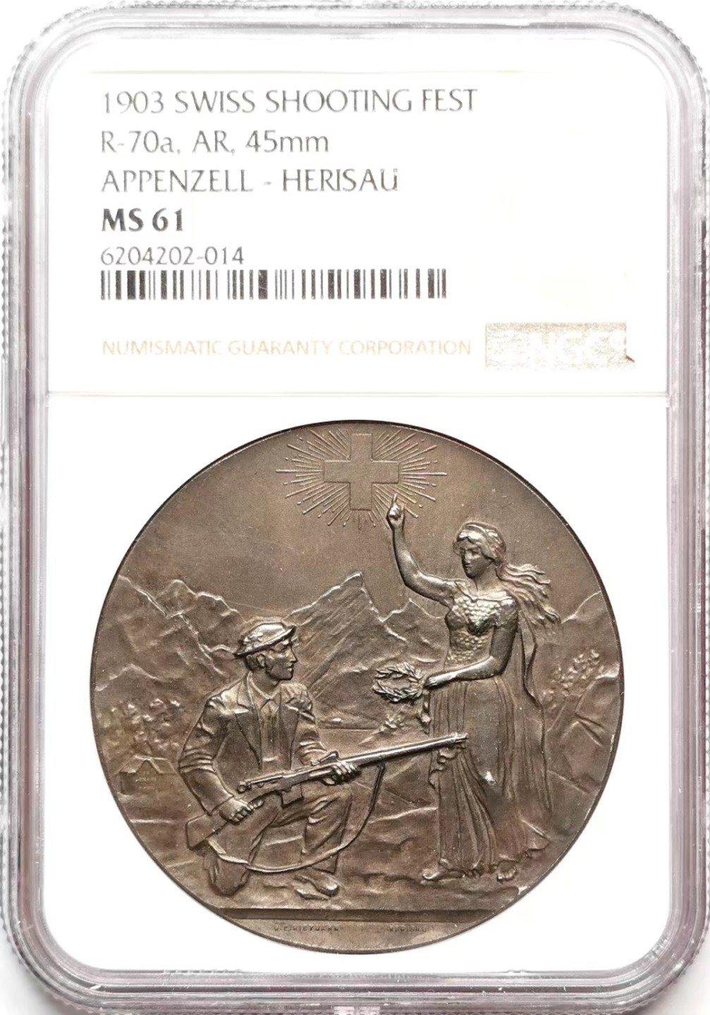 凡希社世界钱币微拍第二百三十六期 1903瑞士阿彭策尔射击节纪念银章NGC-MS61