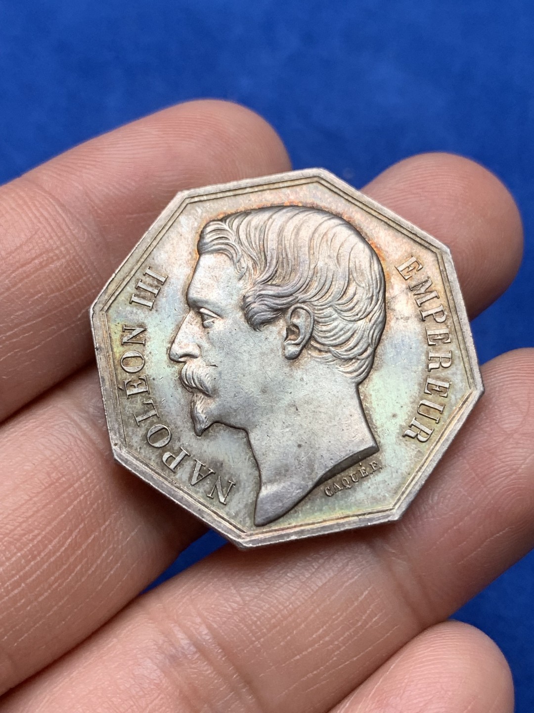 《竞宝斋》第157场-法国八角与章 专场！周日，周一，周四 3场 (全场包邮) 法国八角银质代币，波尔多商会，20.12g，33.6mm，手指边铭，金色包浆